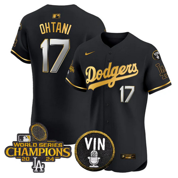 Men's Los Angeles Dodgers #17 Shohei Ohtani Black/Gold 2024 World Series Champions With Vin Patch Vapor Limited Stitched Baseball Jersey Men's Los Angeles Dodgers #17 Shohei Ohtani Black/Gold 2024 World Series Champions With Vin Patch Vapor Limited Stitched Baseball Jersey